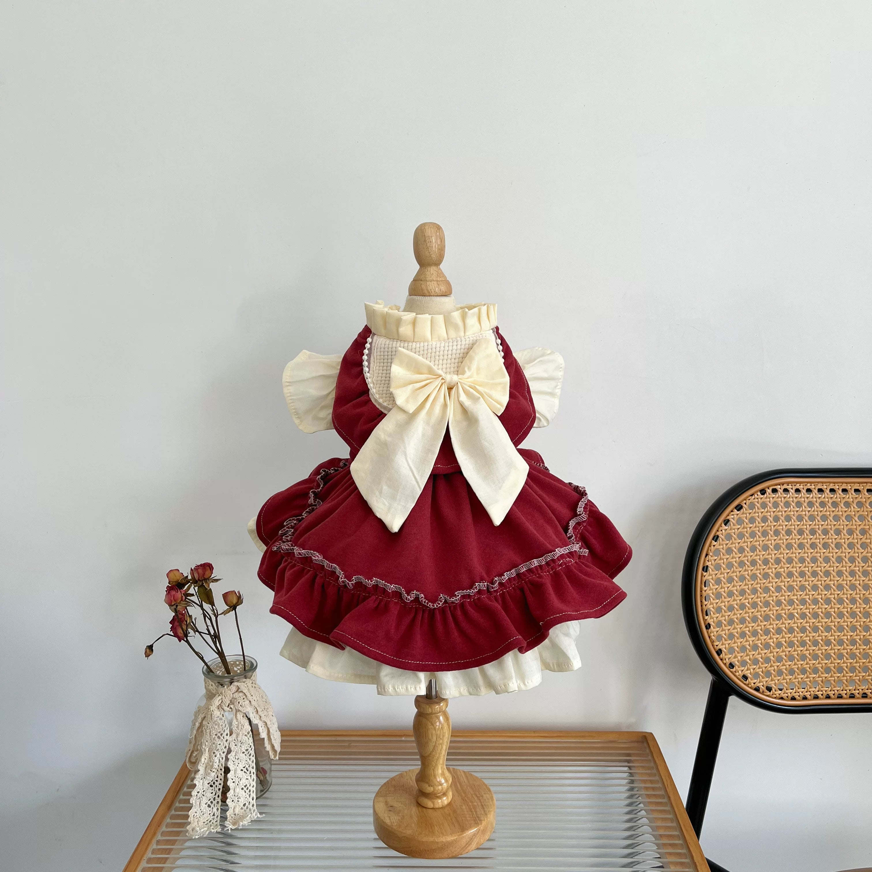 Sweet Bow Sleeve Cat Dress, Cute Dog Clothes Party Outfit