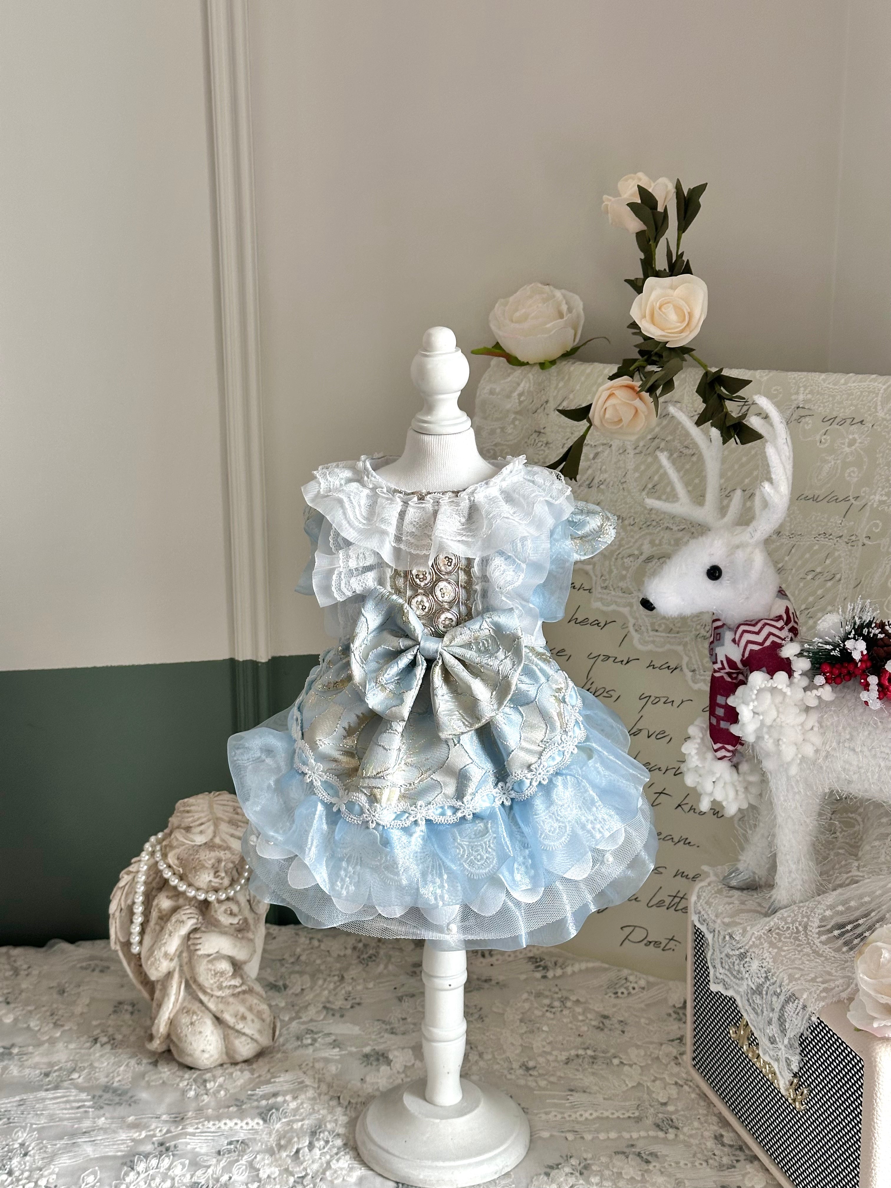 Aqua Satin Lolita Cat Dress, Princess Pet Outfit
