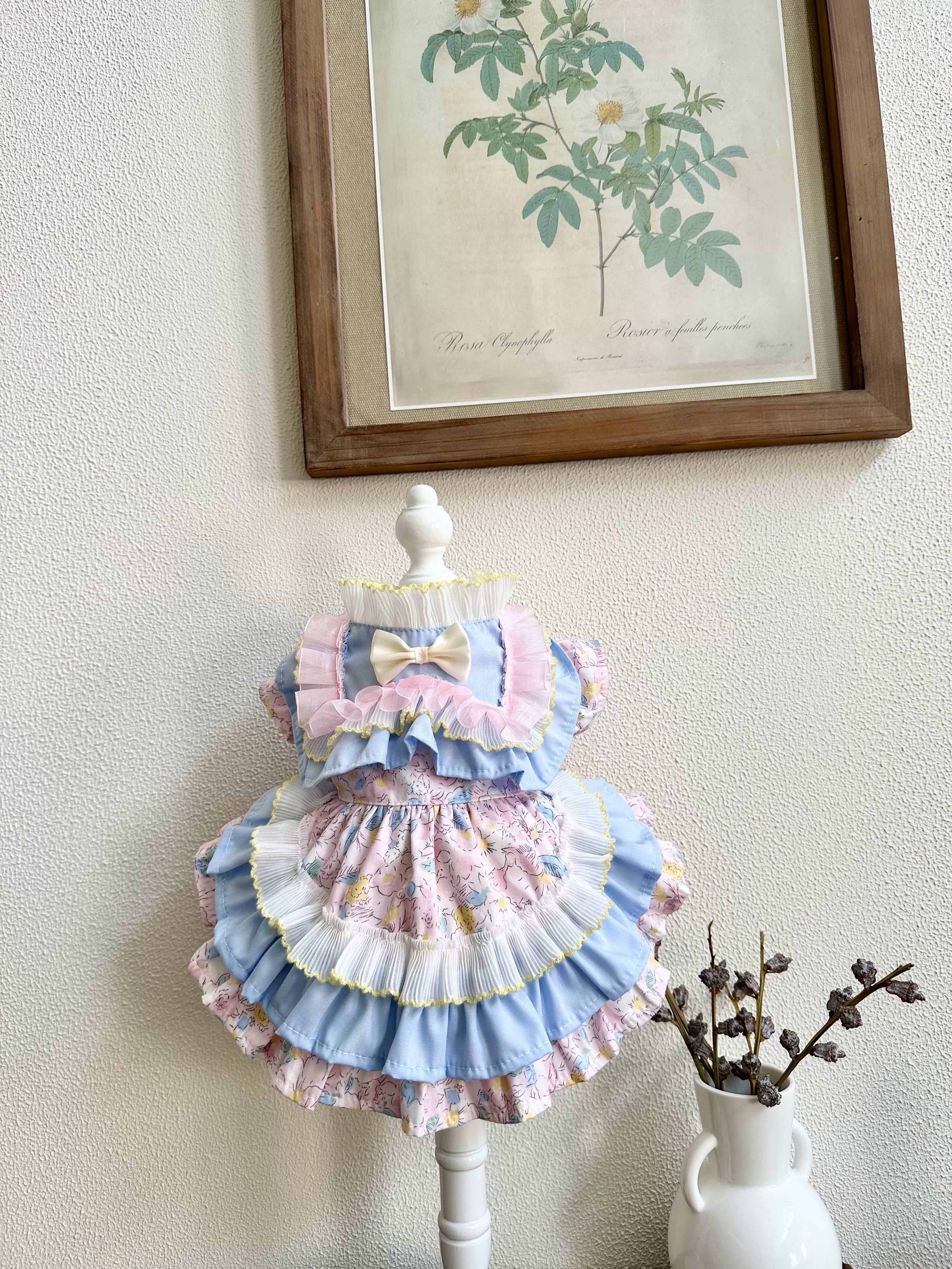 Blue Pink Ruffle Cat Dress, Dog Clothes for Small Dogs