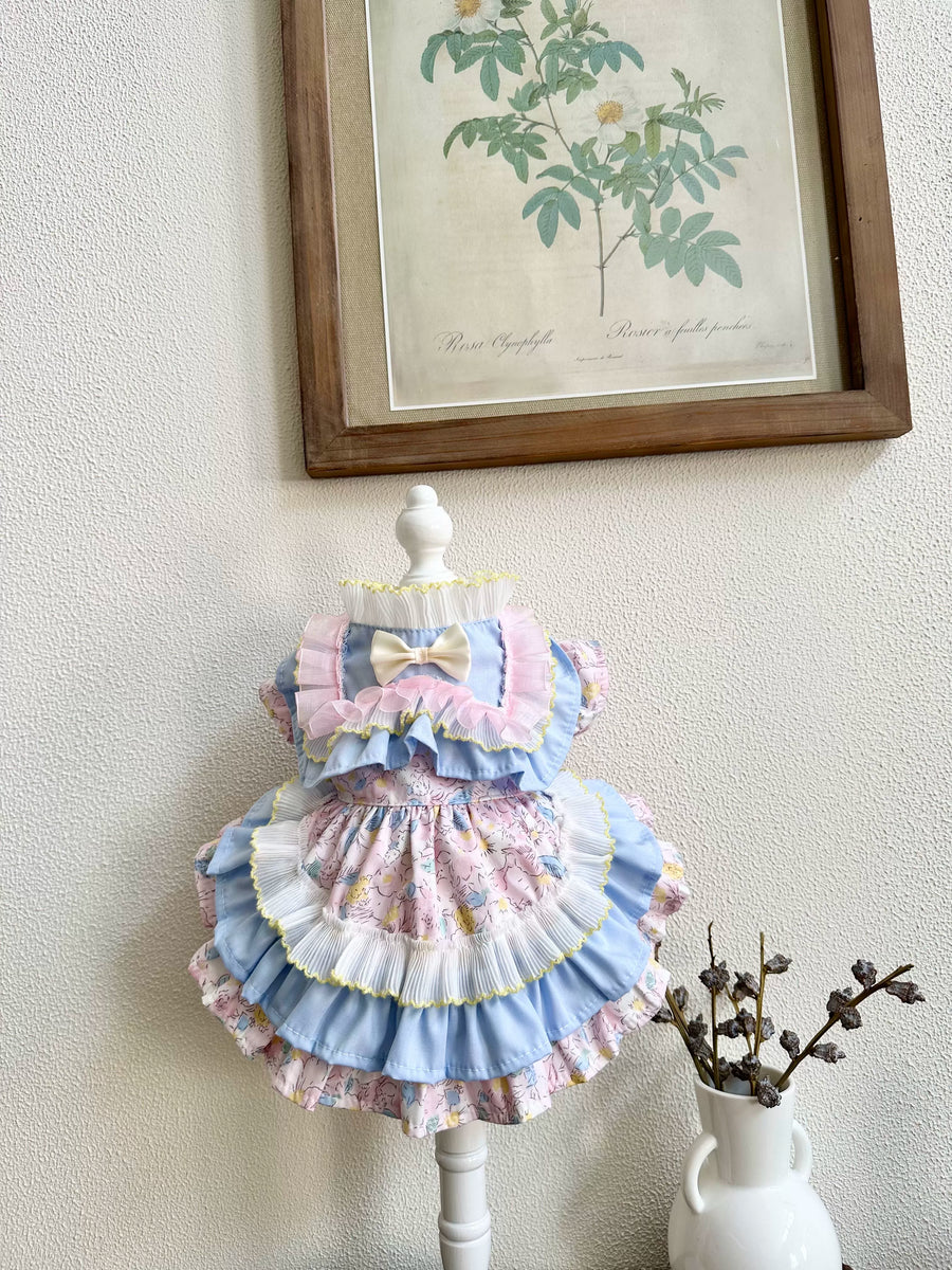 Blue Pink Ruffle Cat Dress, Dog Clothes for Small Dogs