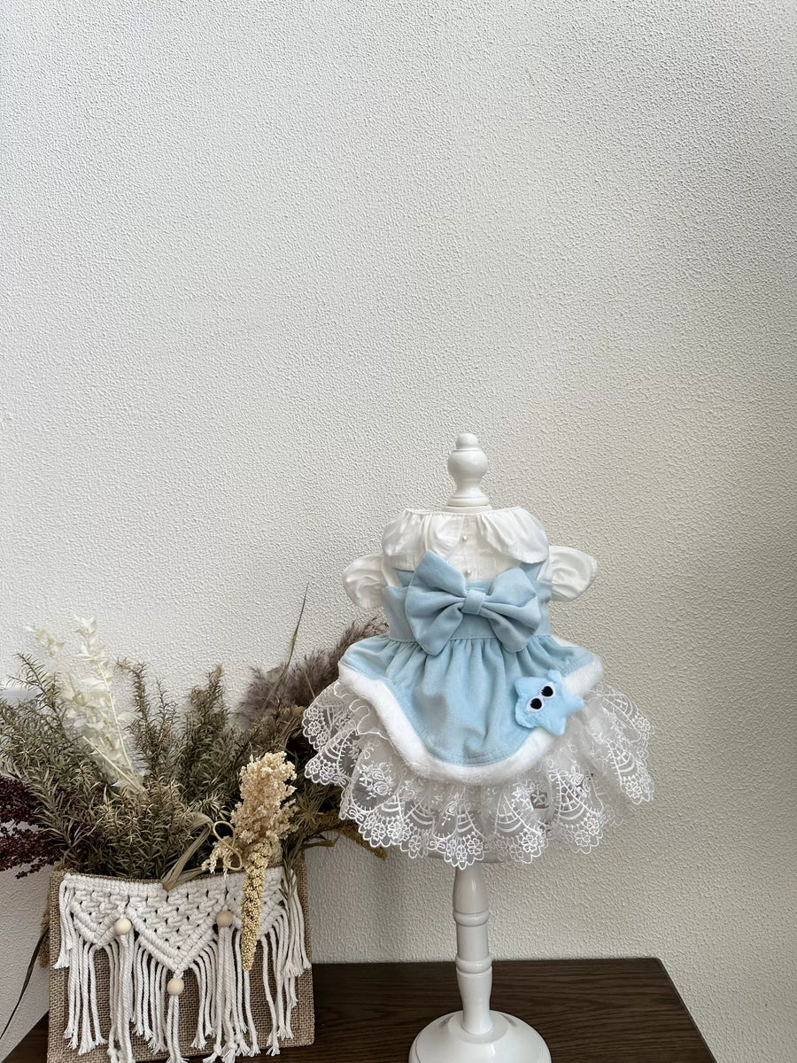 Blue White Velvet Cat Dress, Dog Clothes for Small Dogs