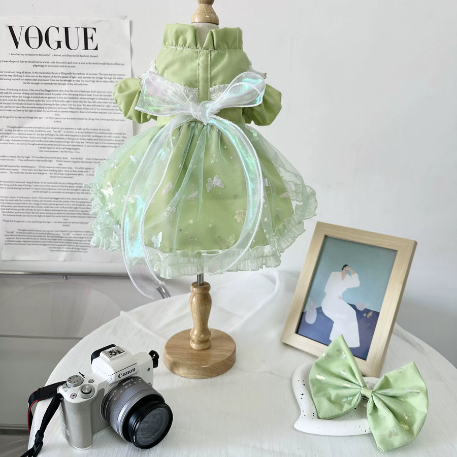Green Iridescent Shiny Pet Skirt & Bow Cat Outfit
