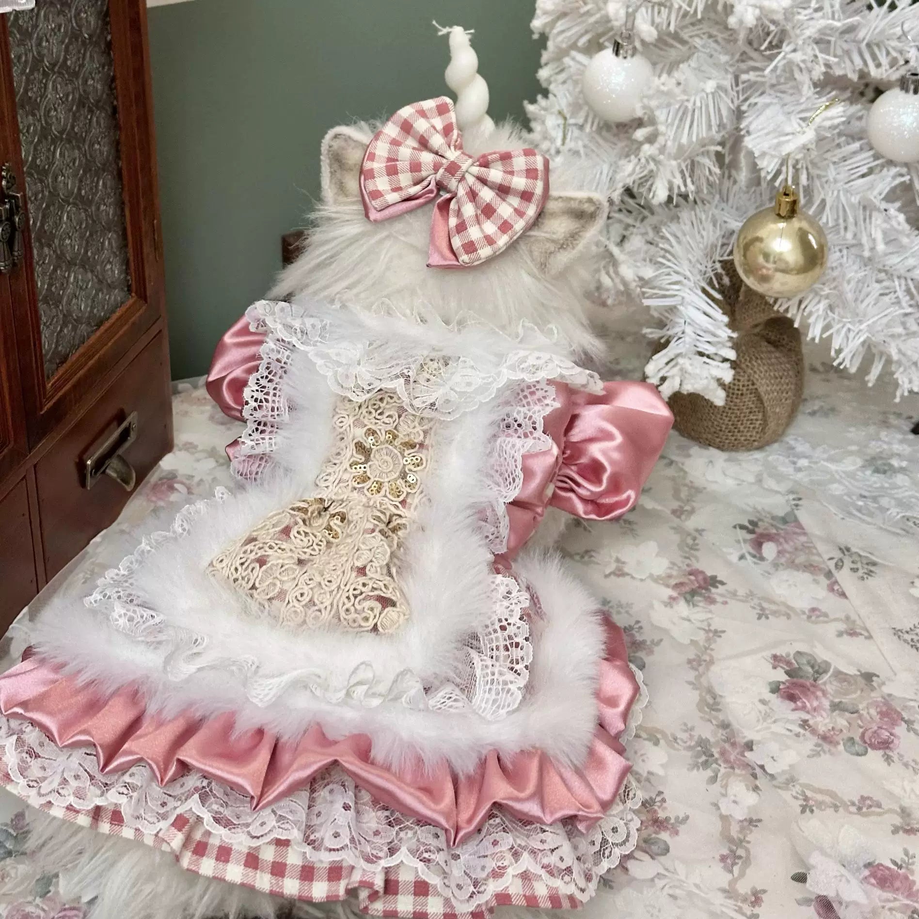 Warm Pink Plaid Cat Winter Clothes, Small Dog Dress