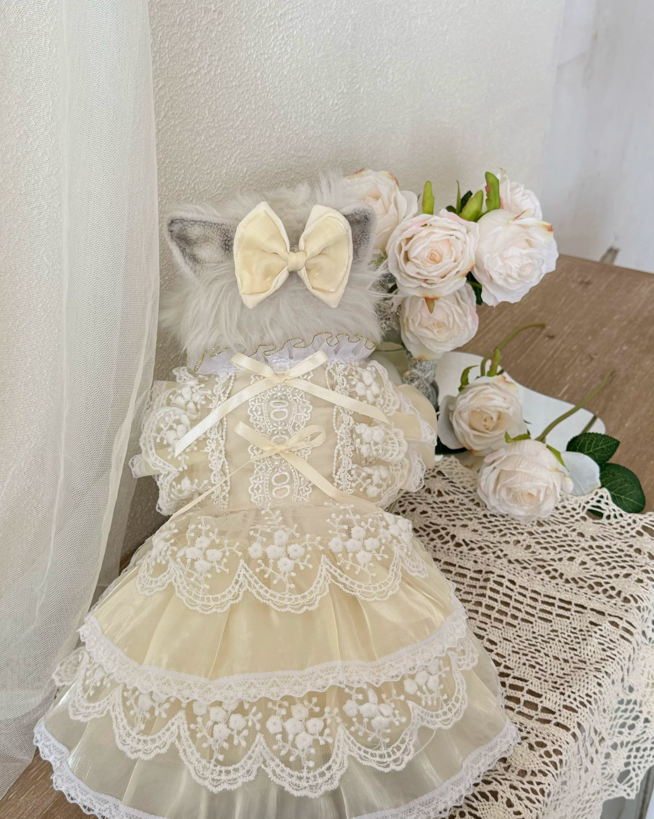 Beige Iridescent Lace Pearl Pet Dress for Cats and Small Dogs - Image 5