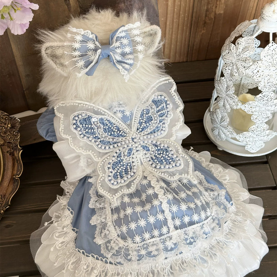 Blue Denim Fairy Cat Princess Dress, Small Dog Outfit