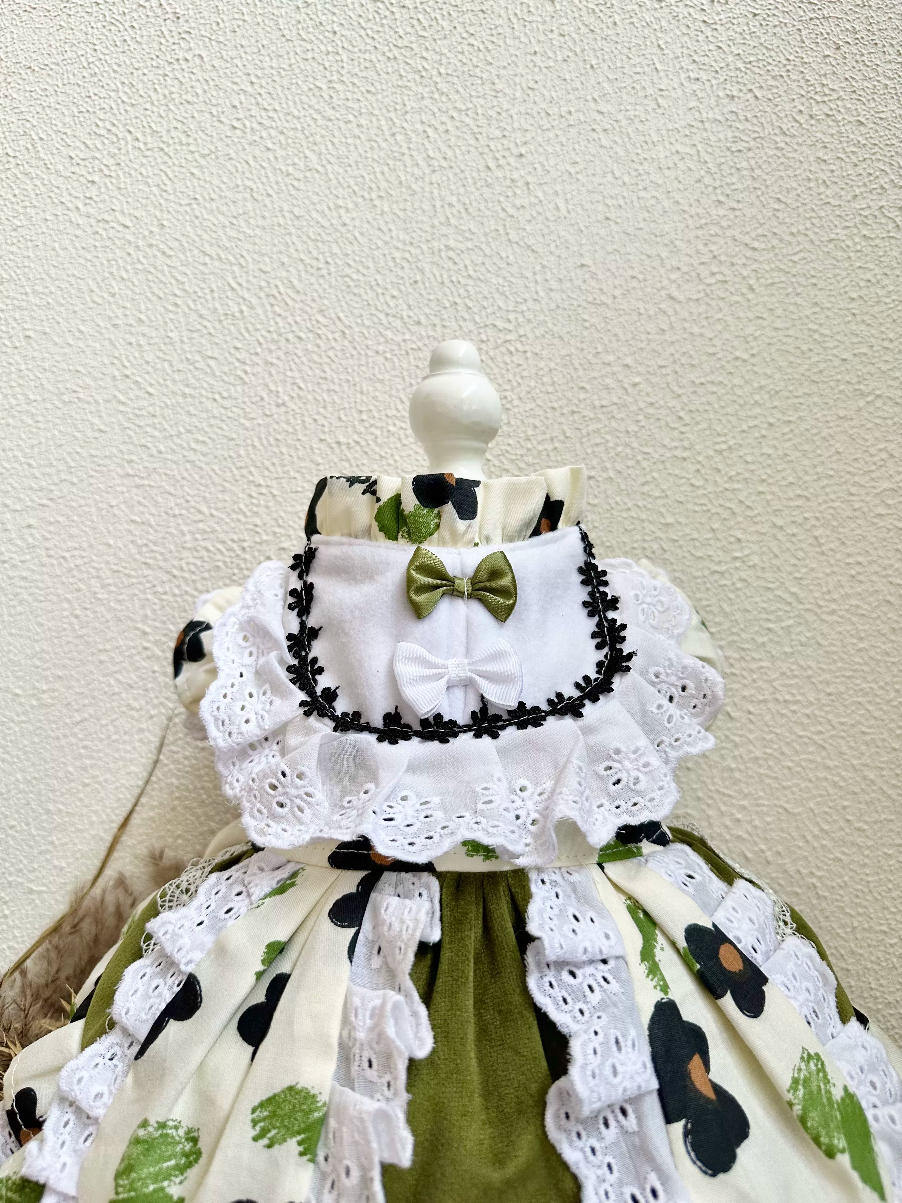 Olive Velvet Flower Cat Clothes, Dog Clothes for Small Dogs