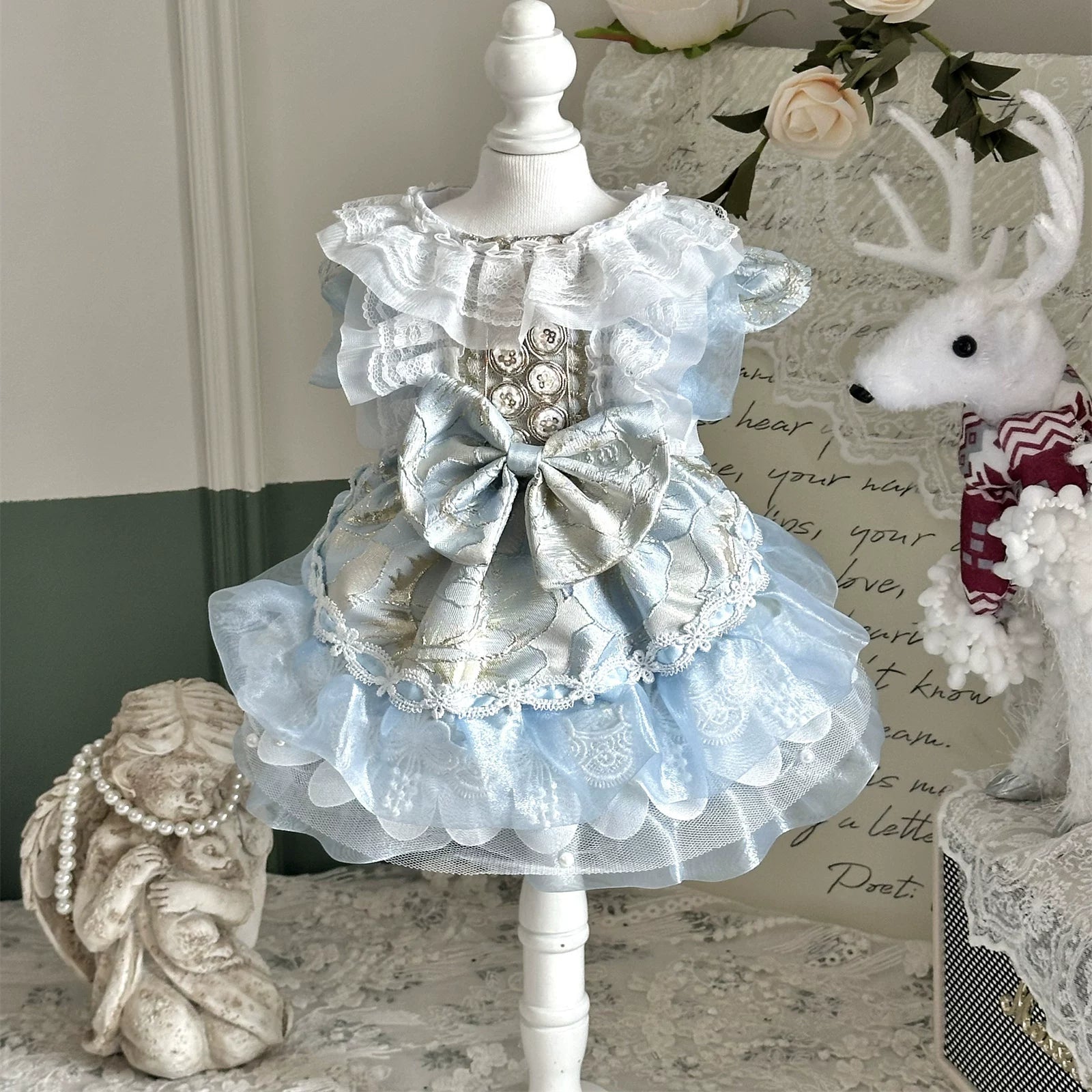 Aqua Satin Lolita Cat Dress, Princess Pet Outfit