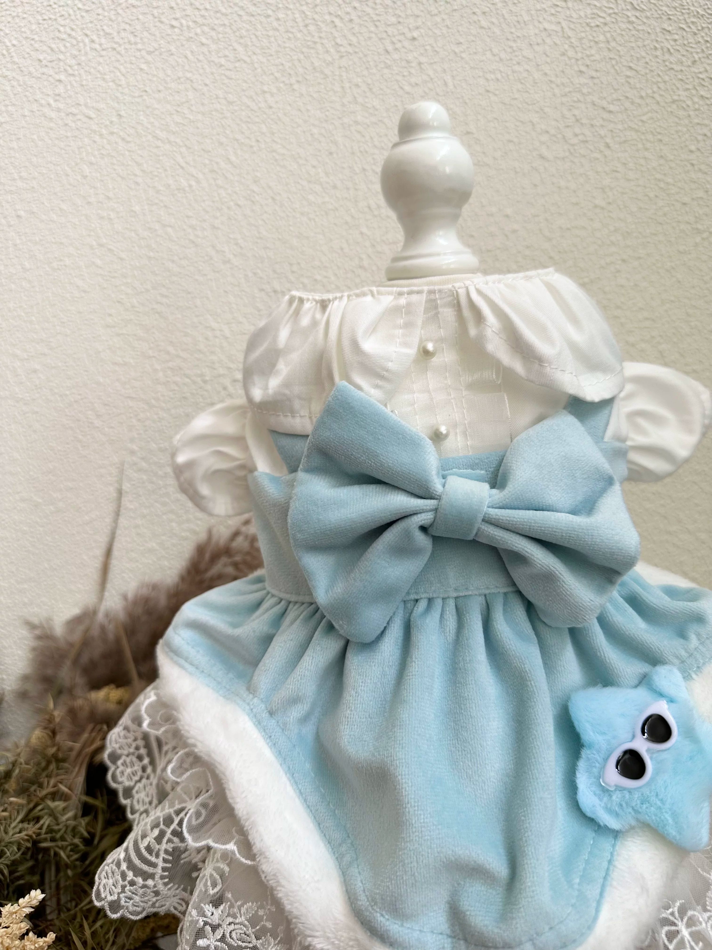 Blue White Velvet Cat Dress, Dog Clothes for Small Dogs