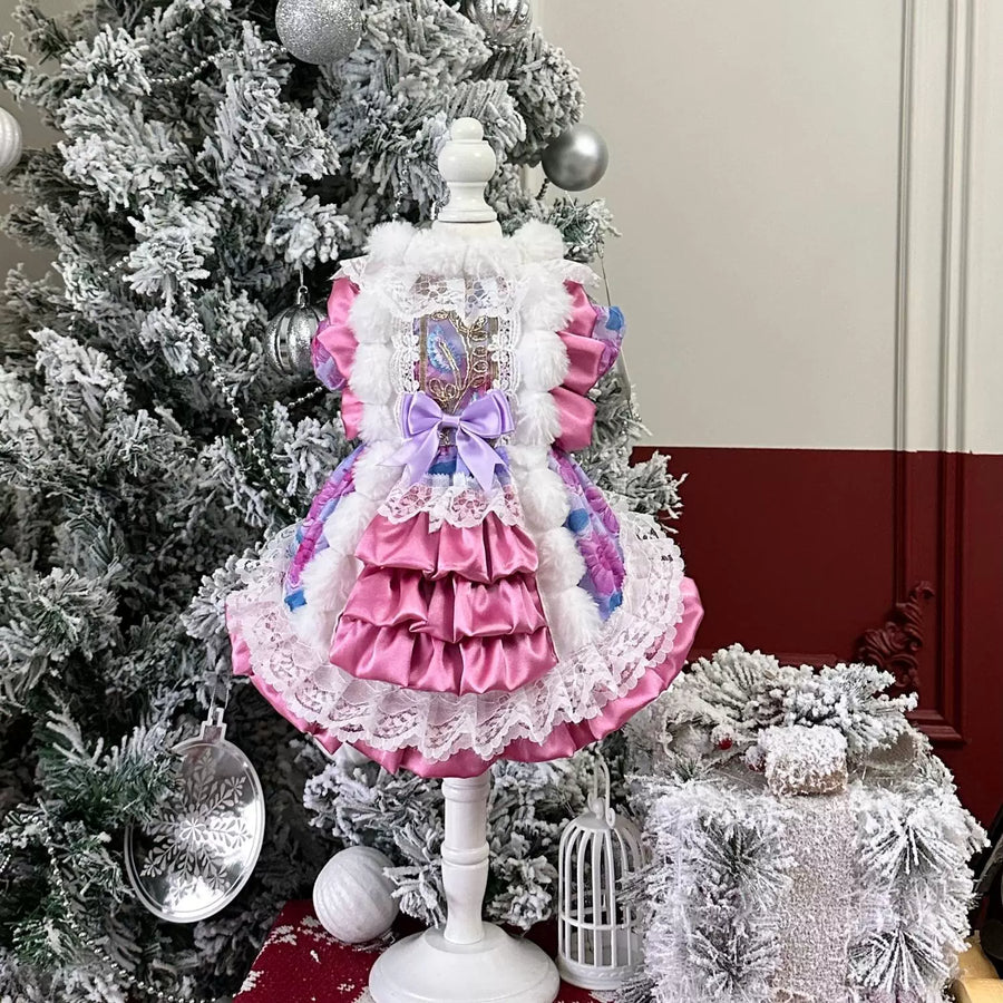 Pink Purple Winter Cat Dress, Cat Winter Clothes
