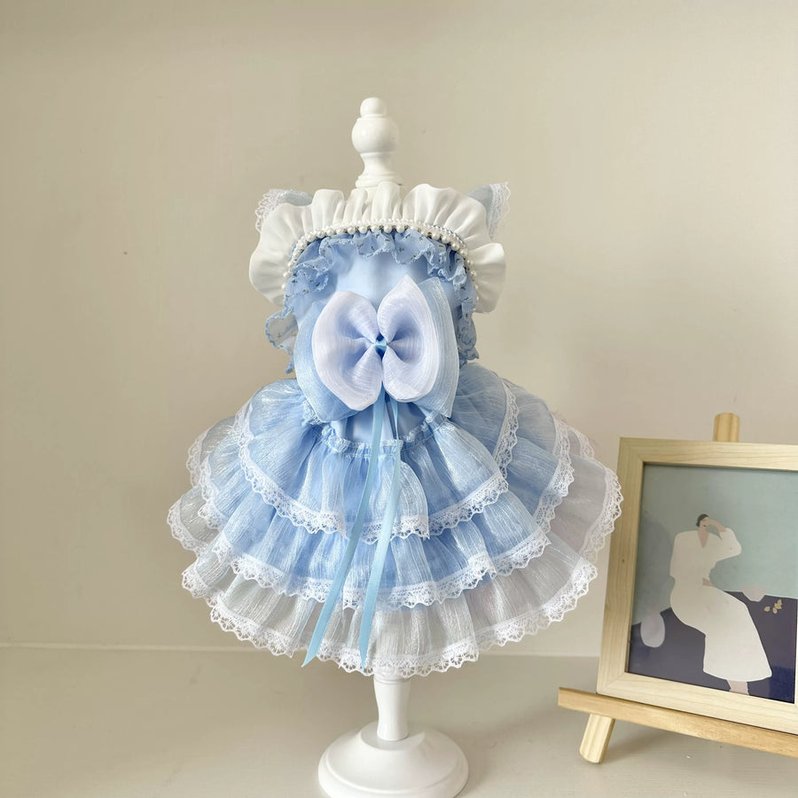 Sky Blue Pearl Cat Dress, Dog Clothes for Small Dogs