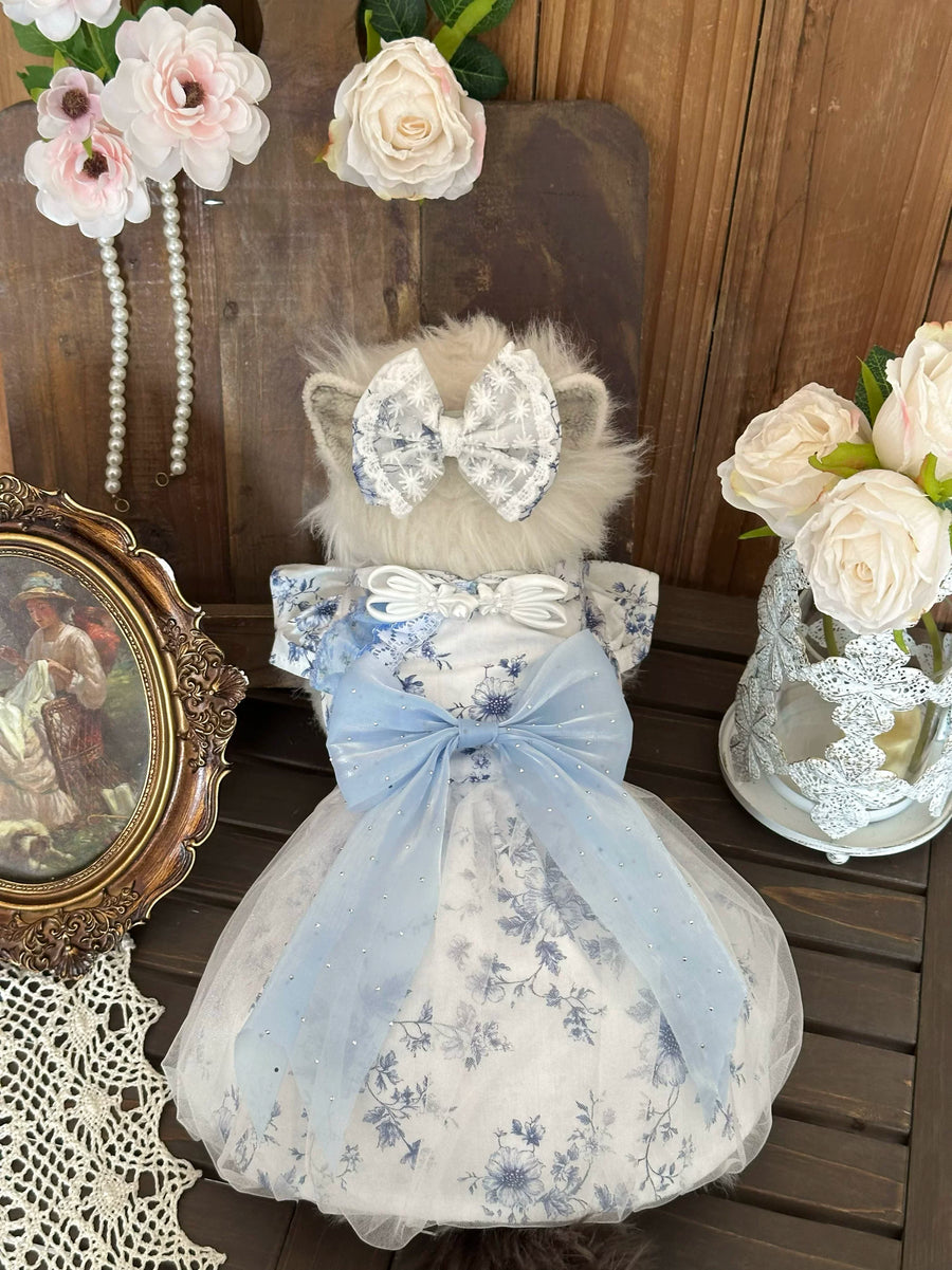 Blue Porcelain Tulle Cat Dress, Cat Birthday Outfit