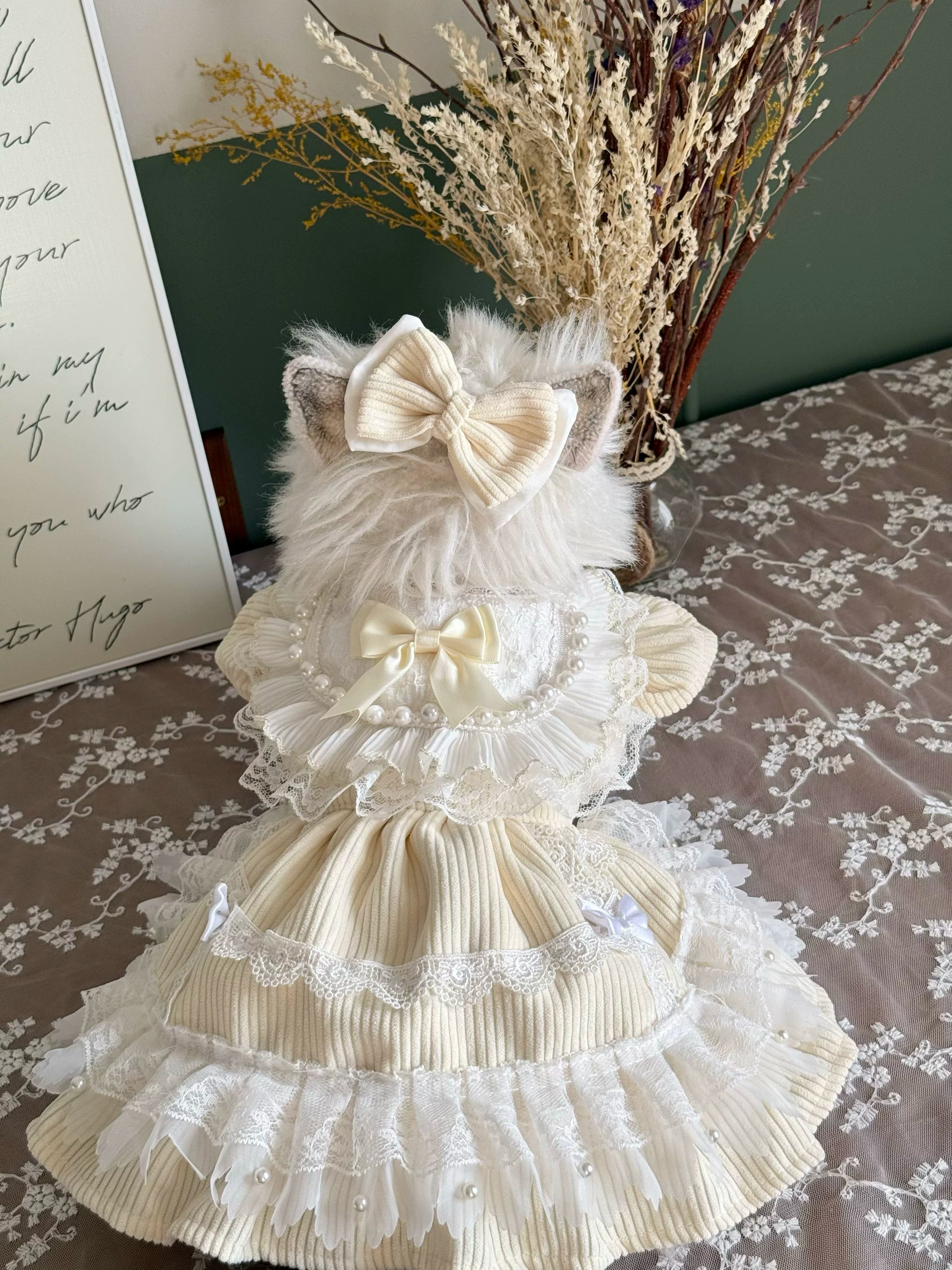 Cream Birthday Cat Dress, Warm Small Dog Clothes