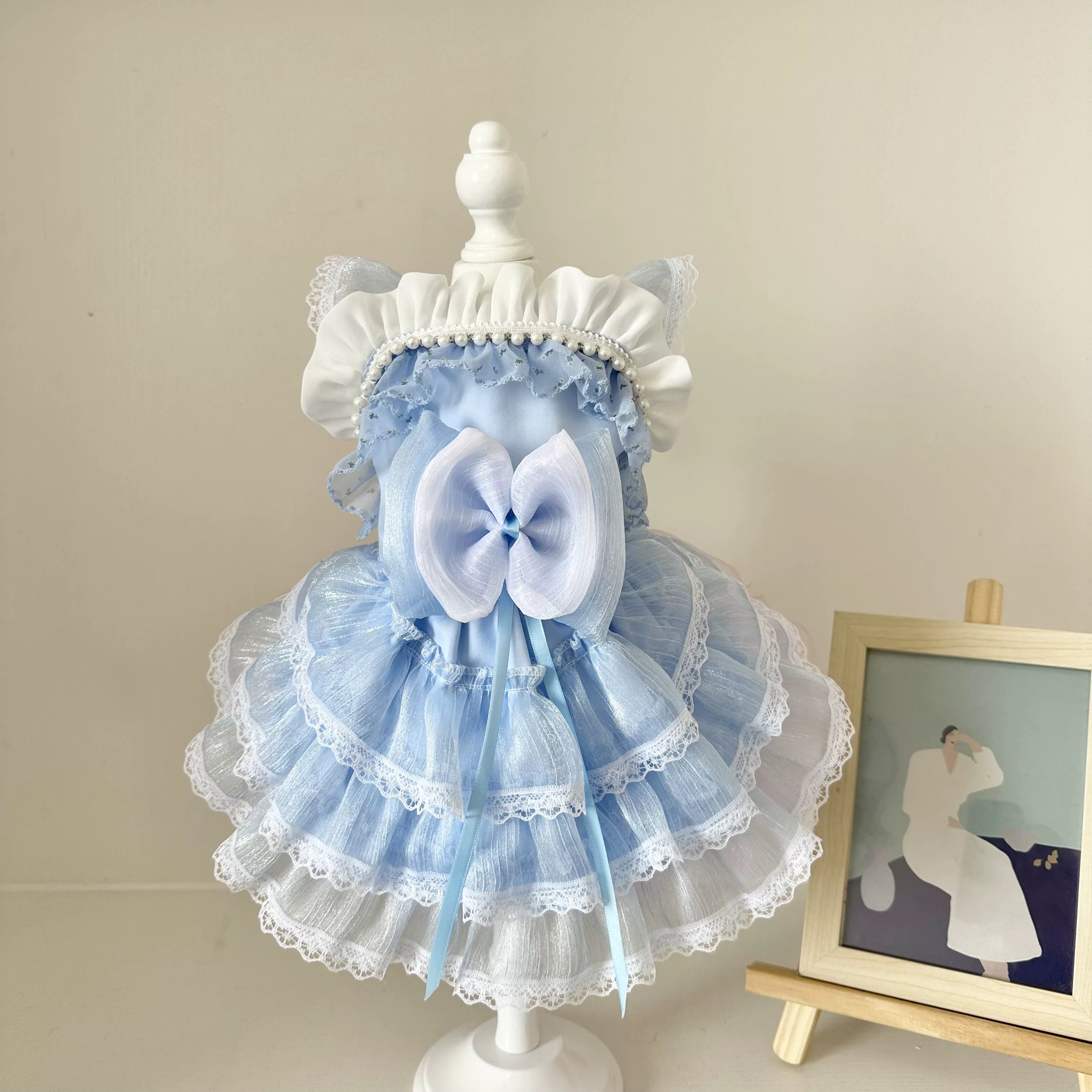 Sky Blue Pearl Cat Dress, Dog Clothes for Small Dogs