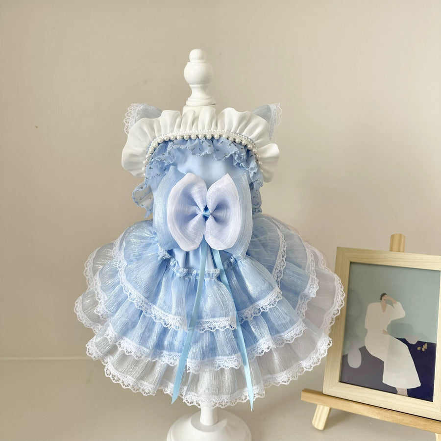 Sky Blue Pearl Cat Dress, Dog Clothes for Small Dogs