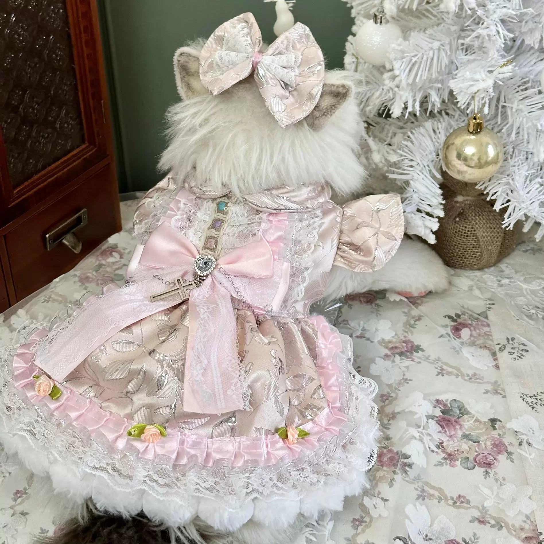Peach Satin Embroidered Cat Dress, Pet Apparel
