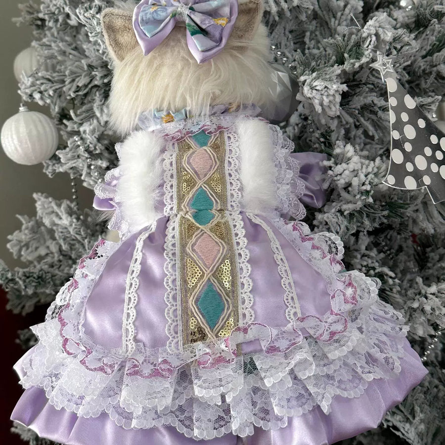 Purple Lace Satin Cat Dress, Small Dog Dress