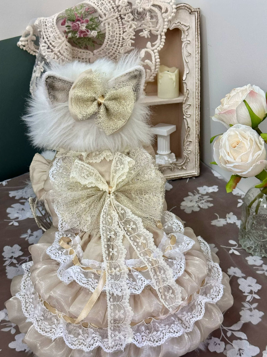 Vintage Gold Mesh Cat Wedding Outfit, Elegant Pet Dress
