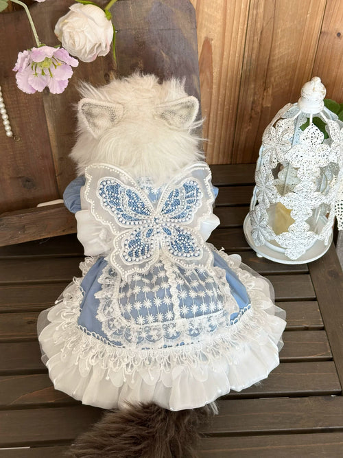 Blue Denim Fairy Cat Princess Dress, Small Dog Outfit