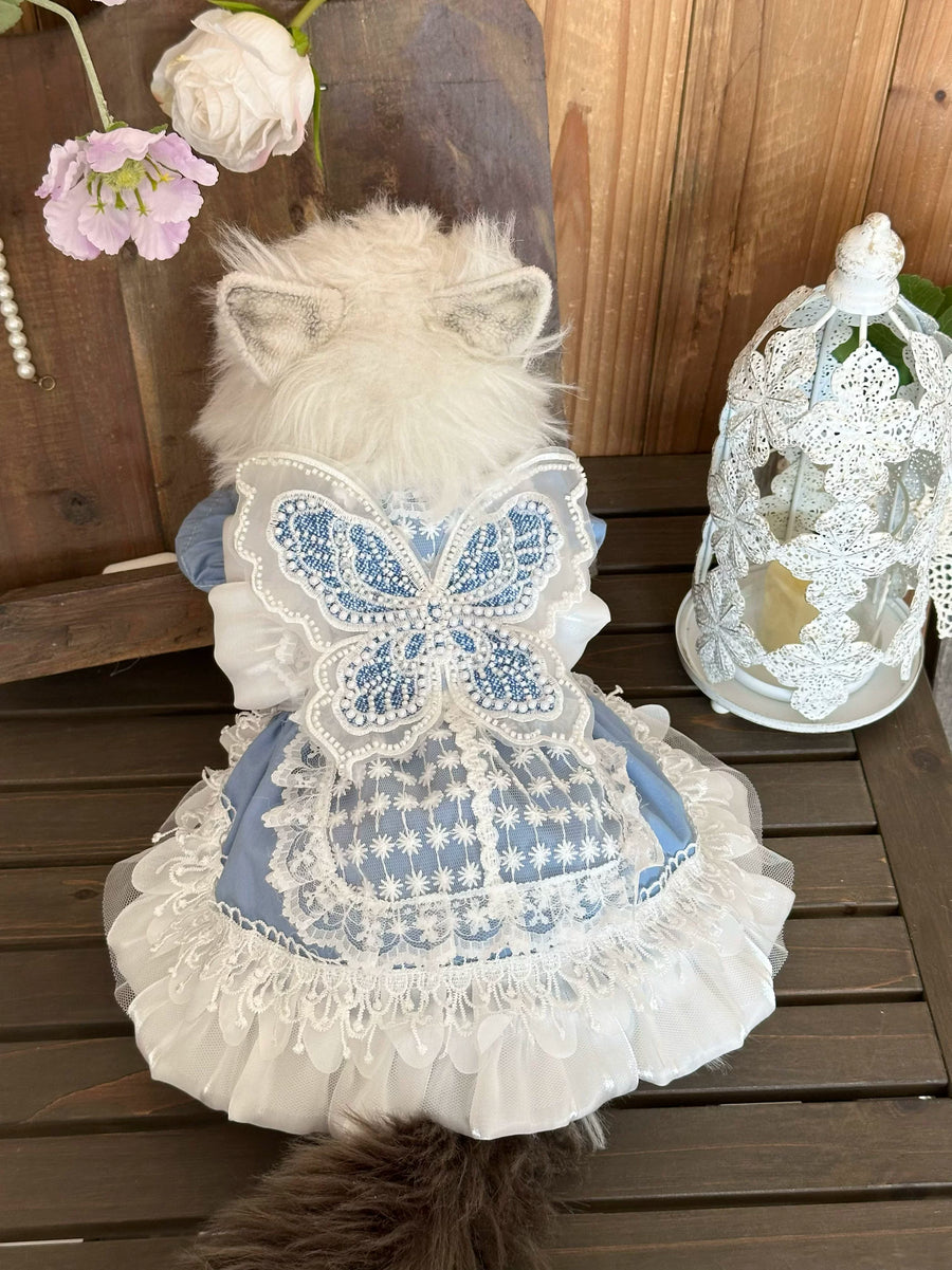 Blue Denim Fairy Cat Princess Dress, Small Dog Outfit