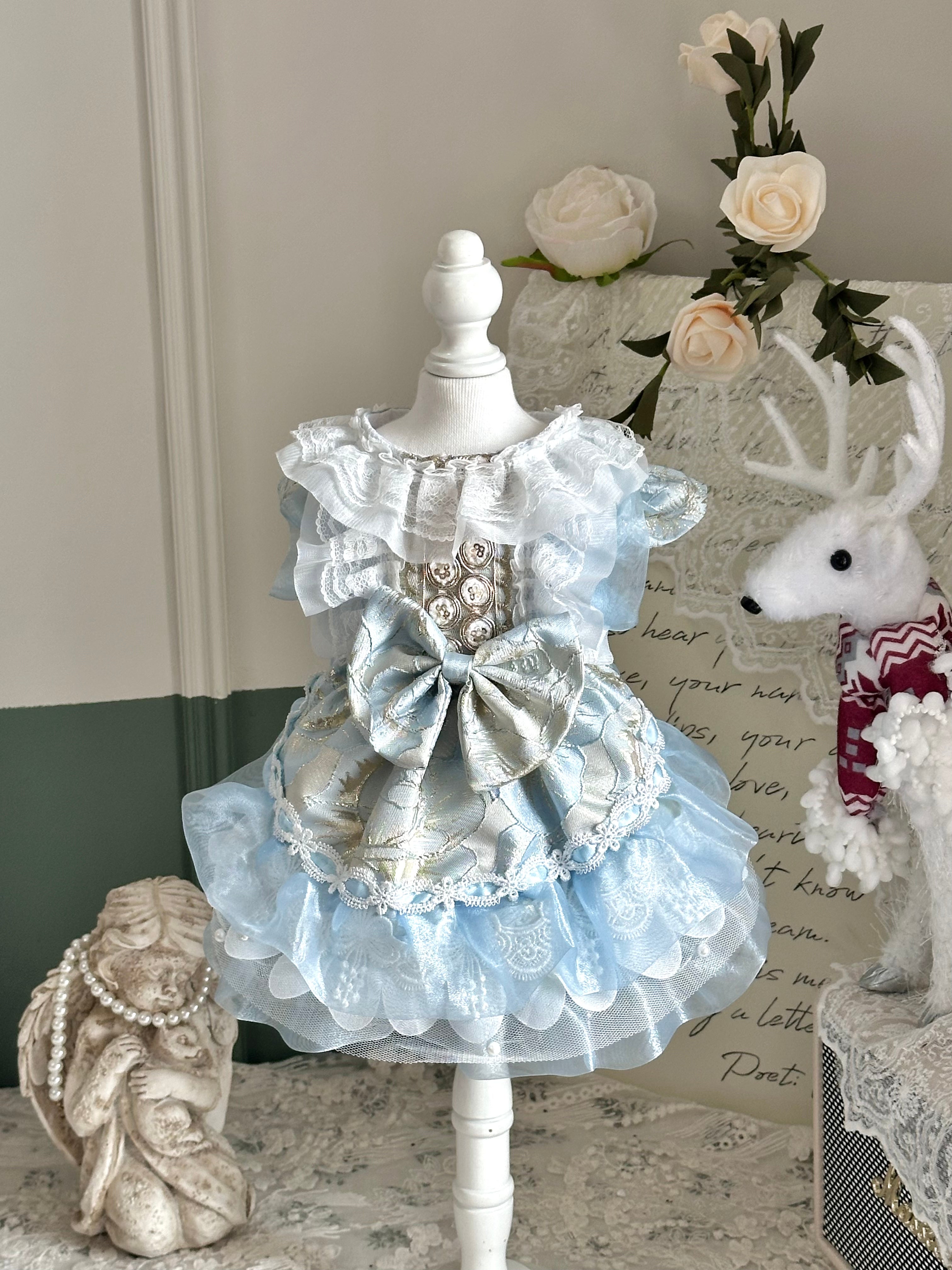Aqua Satin Lolita Cat Dress, Princess Pet Outfit