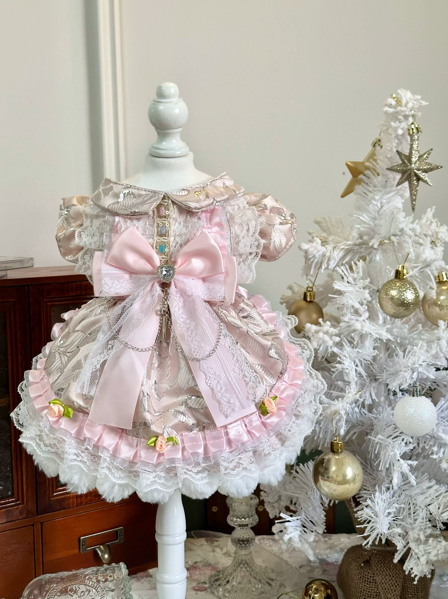 Peach Satin Embroidered Cat Dress, Pet Apparel