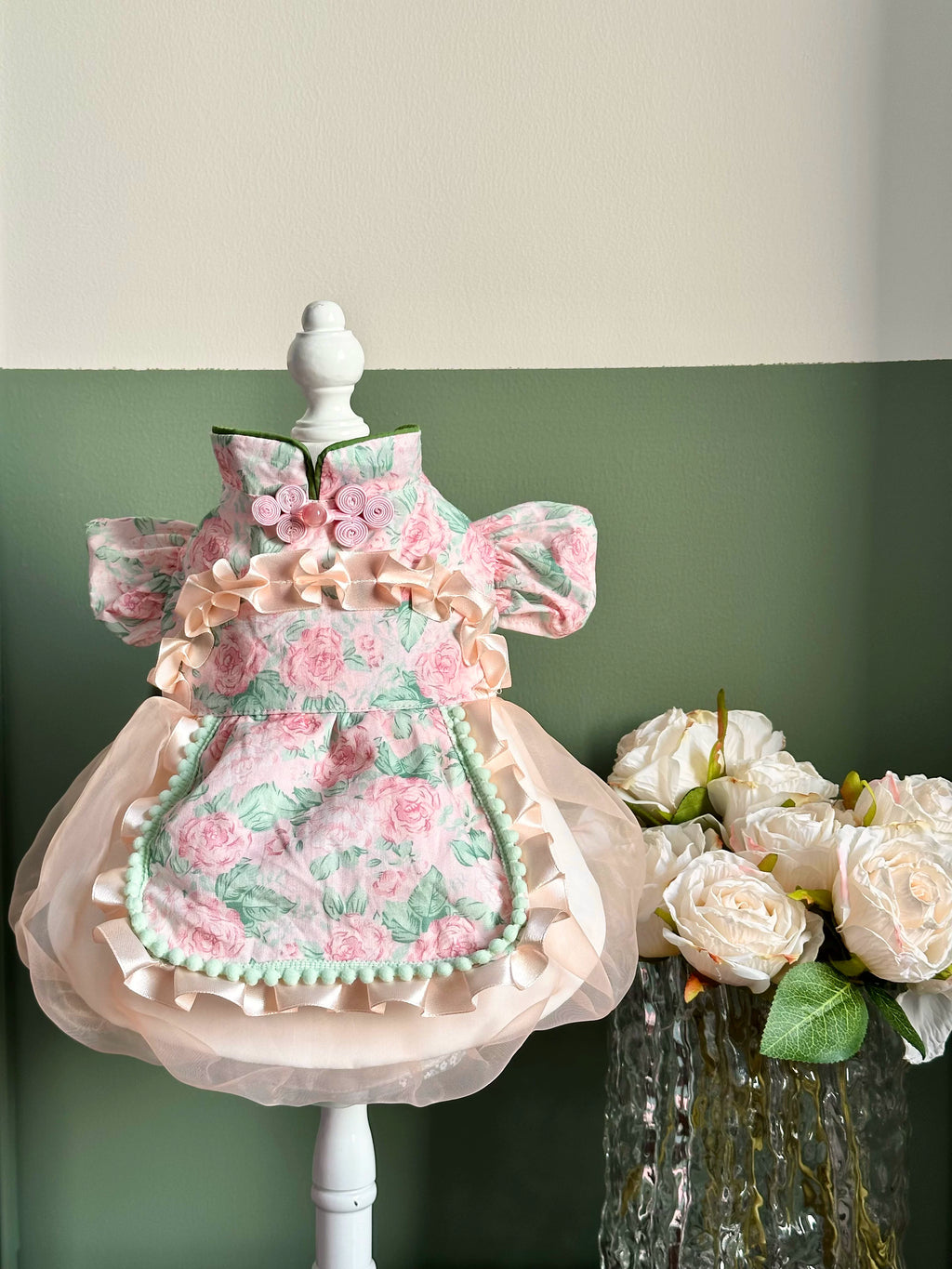Pink Rose Chinese Button Pet Dress for Small Dogs