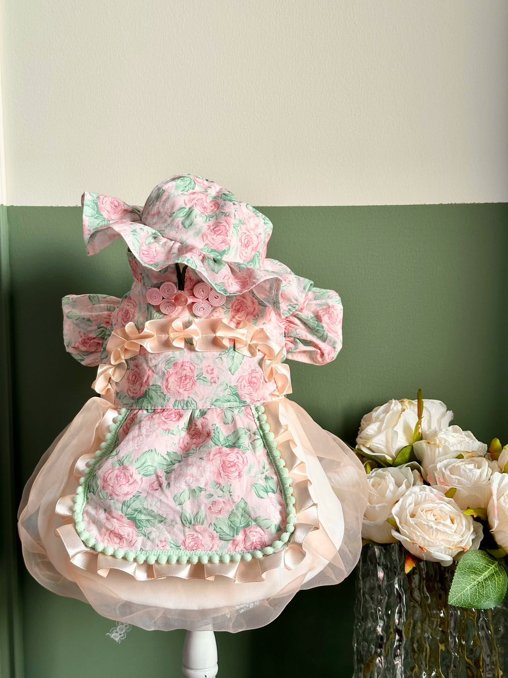 Pink Rose Chinese Button Pet Dress for Small Dogs