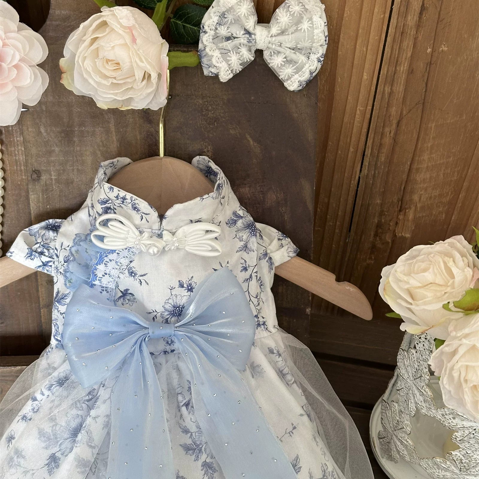 Blue Porcelain Tulle Cat Dress, Cat Birthday Outfit