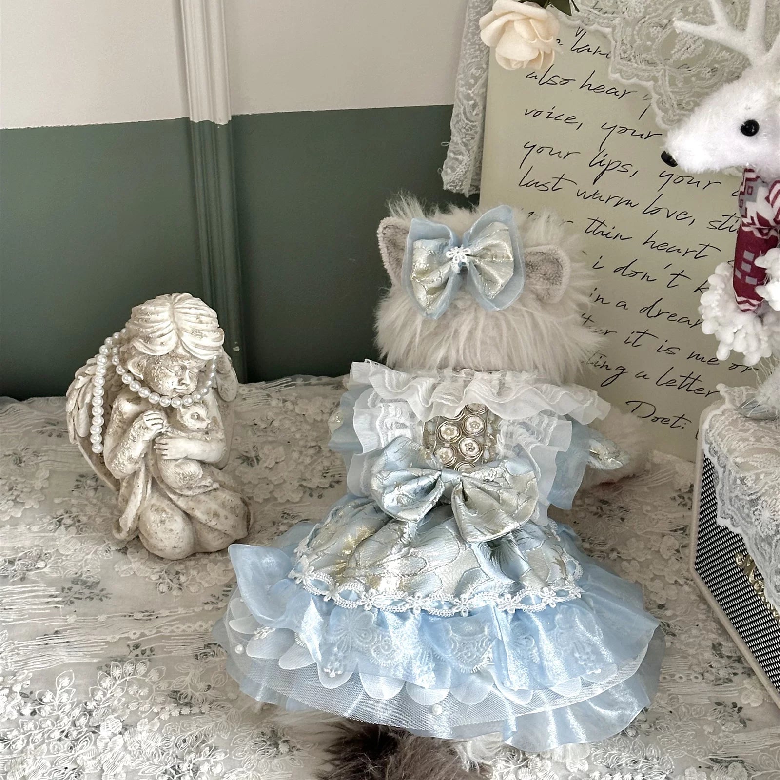 Aqua Satin Lolita Cat Dress, Princess Pet Outfit