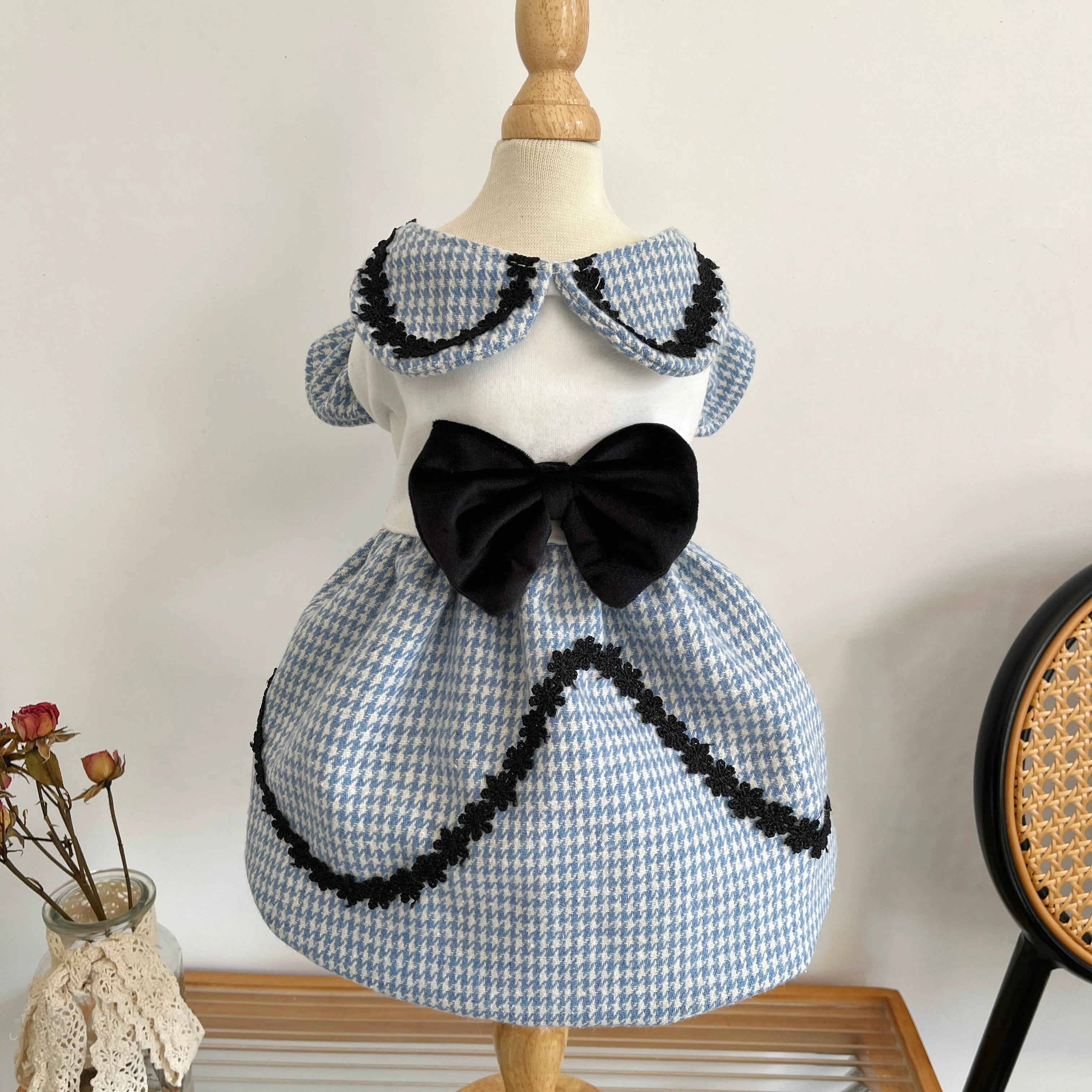 Blue White Bow Cat Dress, Clothes for Small Dogs Outfit