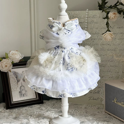 Rontop Blue Porcelain Fleece Pet Birthday Dress for Cats and Small Dogs