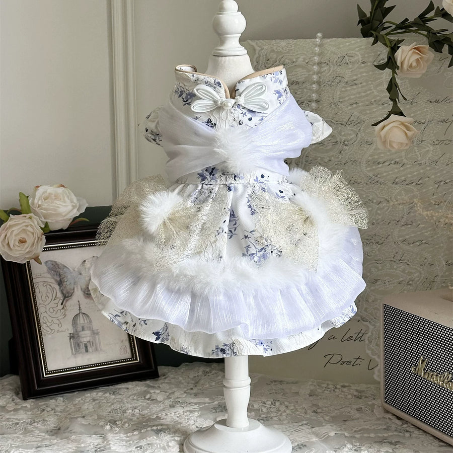 Rontop Blue Porcelain Fleece Pet Birthday Dress for Cats and Small Dogs