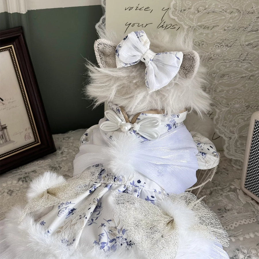 Rontop Blue Porcelain Fleece Pet Birthday Dress for Cats and Small Dogs