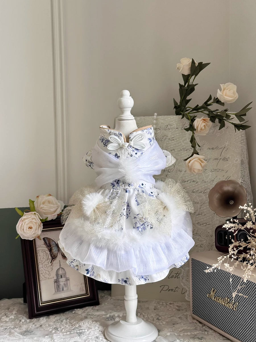Rontop Blue Porcelain Fleece Pet Birthday Dress for Cats and Small Dogs