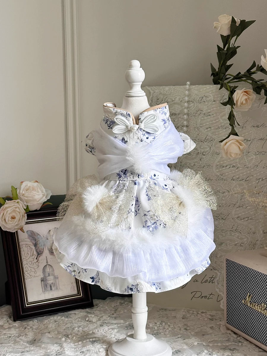 Rontop Blue Porcelain Fleece Pet Birthday Dress for Cats and Small Dogs