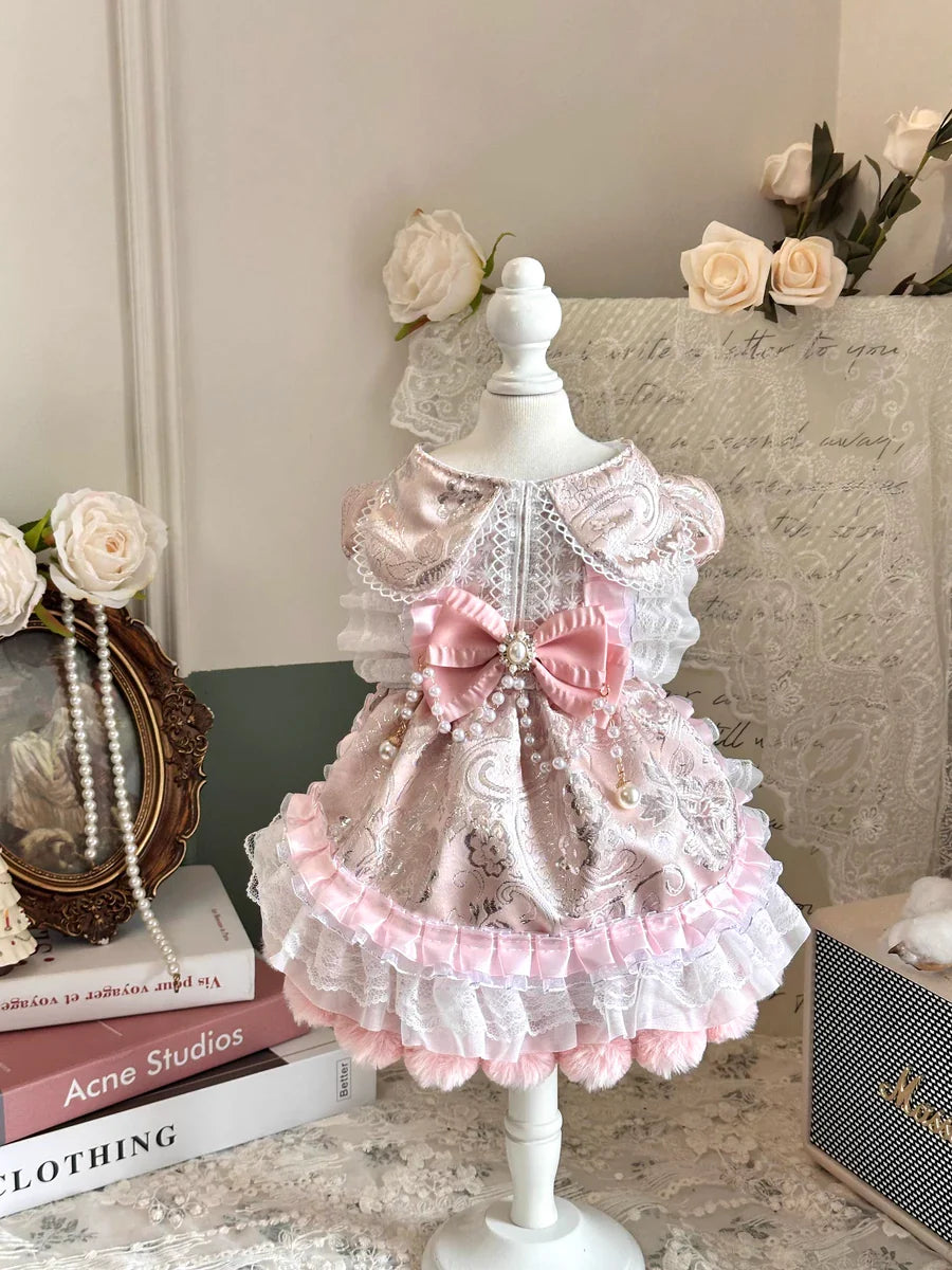Peach pearl rhinestone pet dress front view with bow and lace