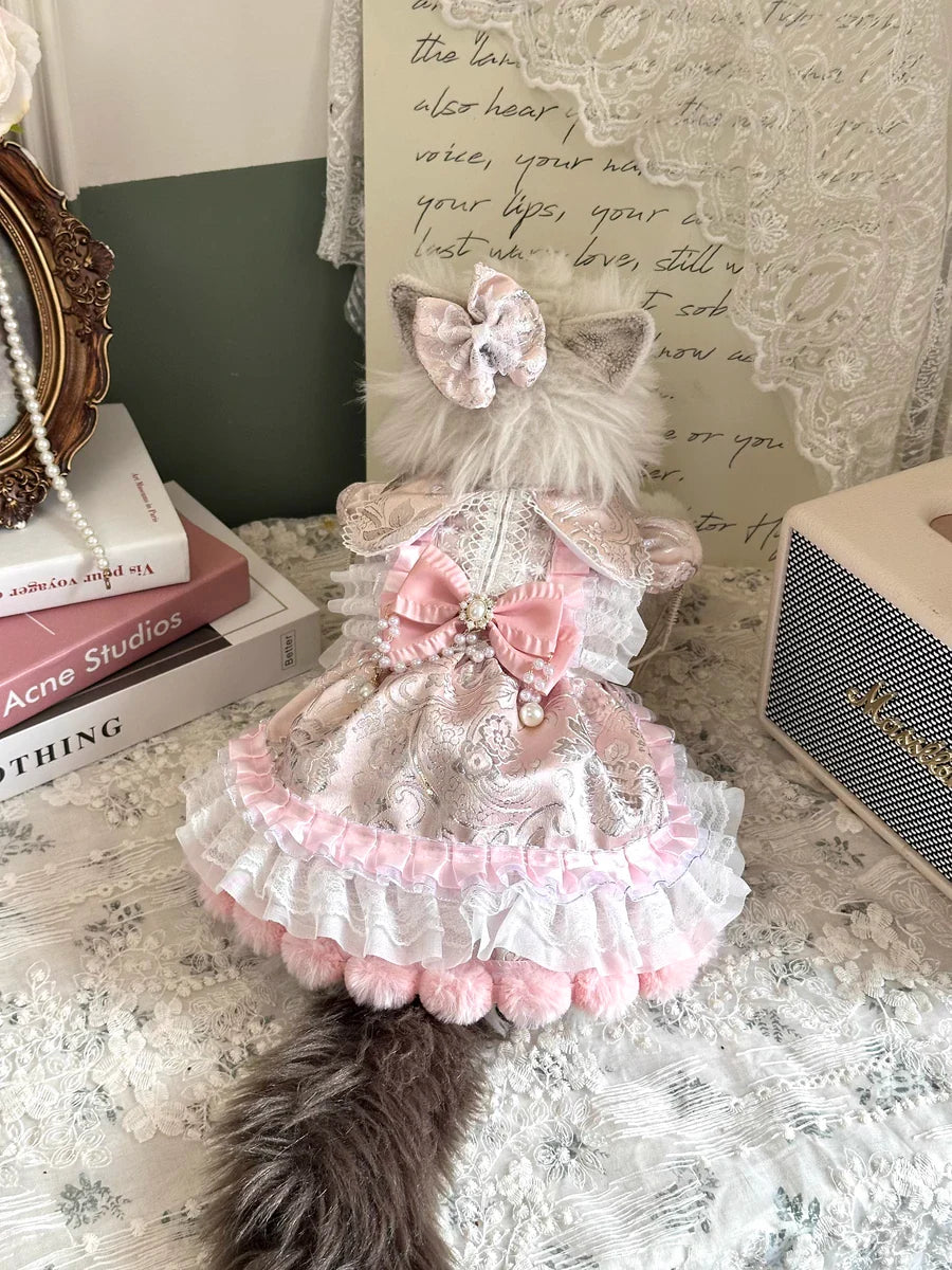 Peach pearl rhinestone pet dress side back view on a cat